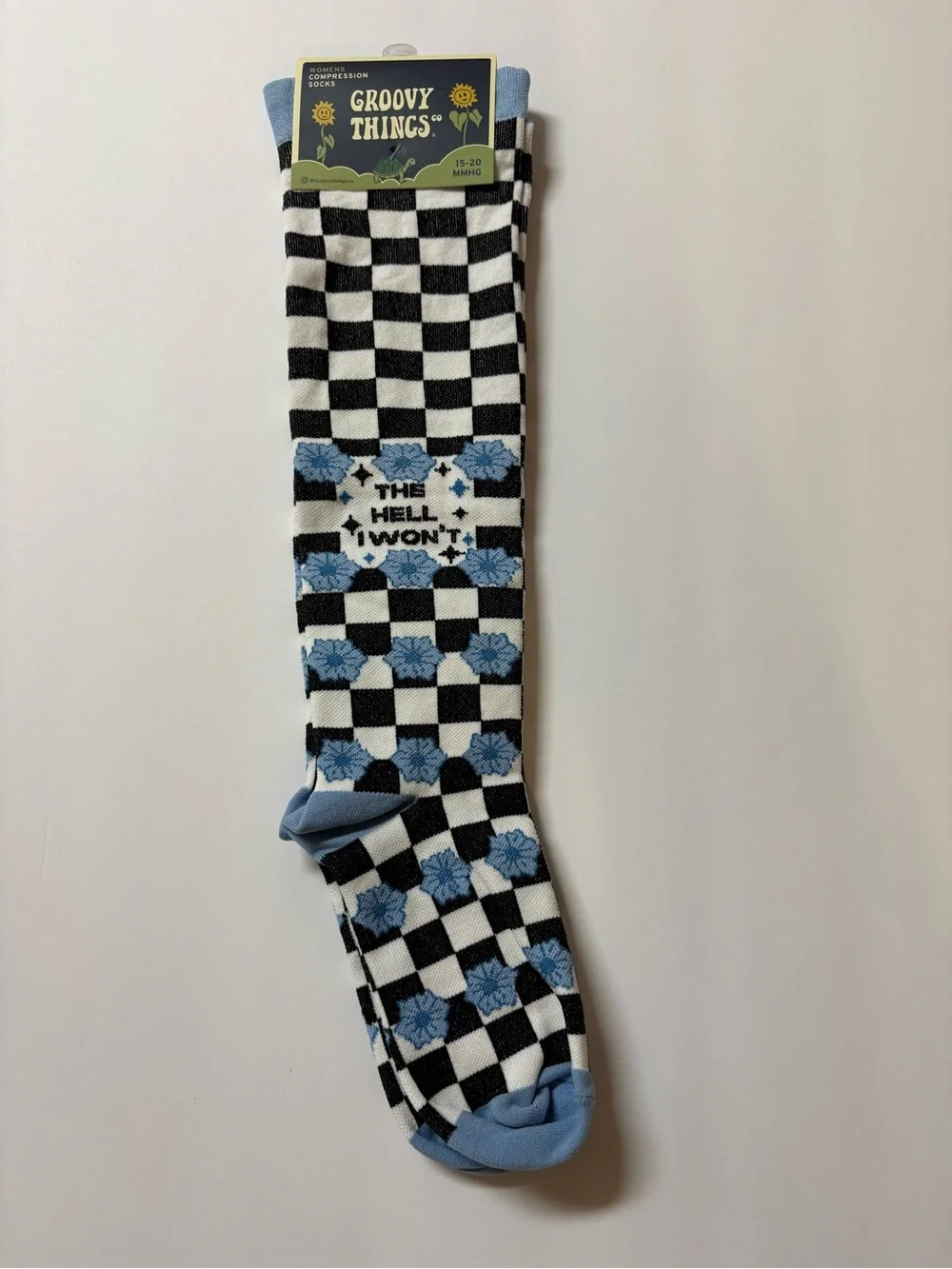 Women’s Black, White & Light Blue Checkered compression Crew Socks